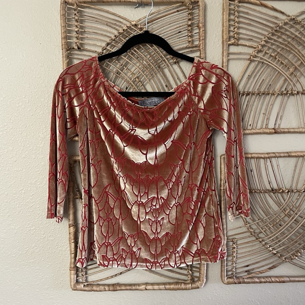 Kinolau Manaola Hawaiian Velvet Top Blouse Red Gold Women's Sz S B3